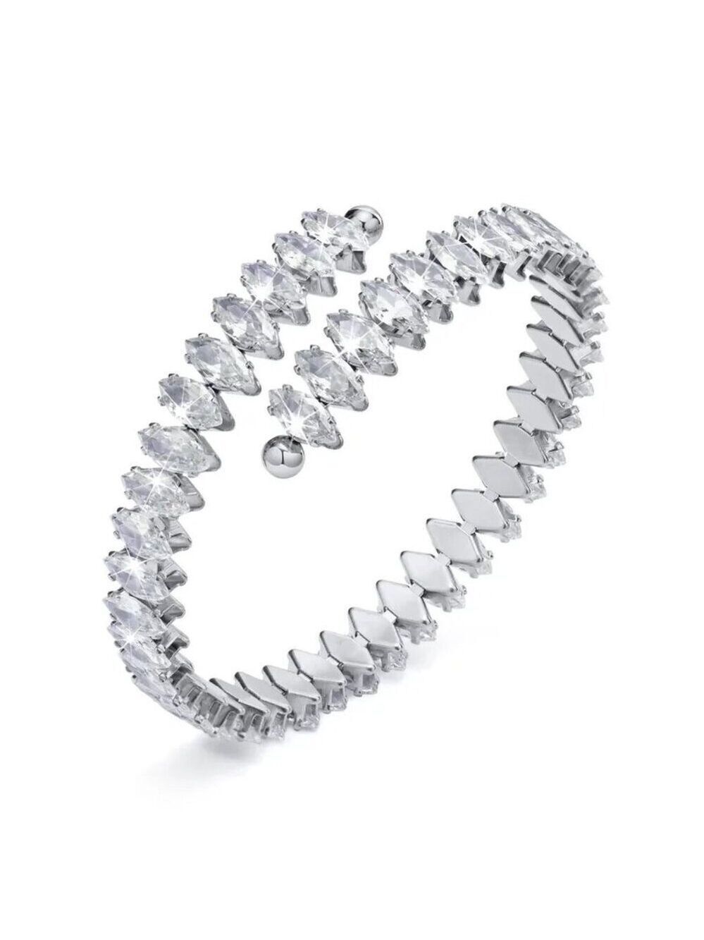 Silver Tone Marquise Zircon Cuff Bracelet | Open Cuff | Elegant Statement